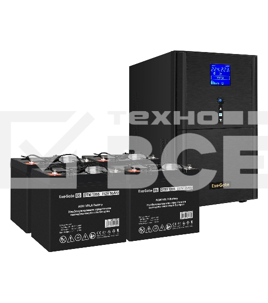 Комплект ИБП EX295991RUS + батарея 55Aч EX285667RUS 4шт (инвертор, синус, для котла) ExeGate SineTower SZ-5000.LCD.AVR.2SH.1C13.T.RJ.USB <5000VA/4000W, чистый синусоида, LCD дисплей, AVR, 2*Schuko+1*C13+клеммы, RJ45/11, USB, линейно-интерактивный, Black> 