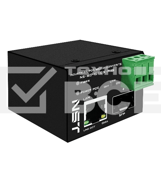 Промышленный компактный Ultra PoE медиаконвертер Gigabit Ethernet, SFP 1000Мбит/c, RJ45 10/100/1000Мбит/c, поддержка LFP. Порт PoE: до 90W (IEEE 802.3af/at/bt). Автоматическое определение PoE устройств. Суммарная мощность PoE - до 90W; Встроенная грозозащита 6kV. Питание: 1 x вход DC37-57V(93W), БП в комплект НЕ входит. Монтаж на DIN-рейку (крепление в комплекте); Размеры (ШхВхГ): 36х44х45мм. Вес: 0,15кг. Рабочая температура: -40…+80°С.