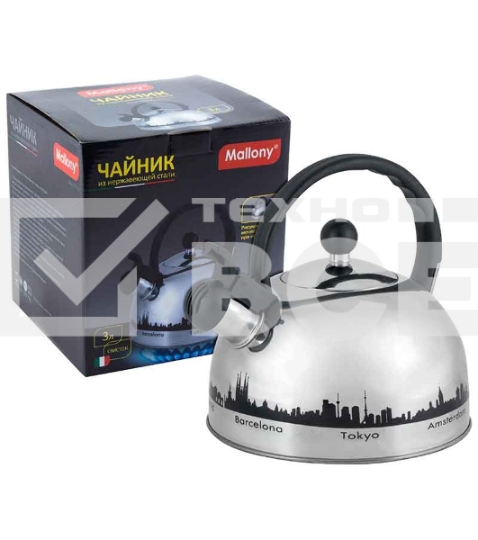 Чайник из нерж. стали Mallony MAL-CITY-01 с рисунком, меняющим цвет (2,8 литра, со свистком, капсульное дно)