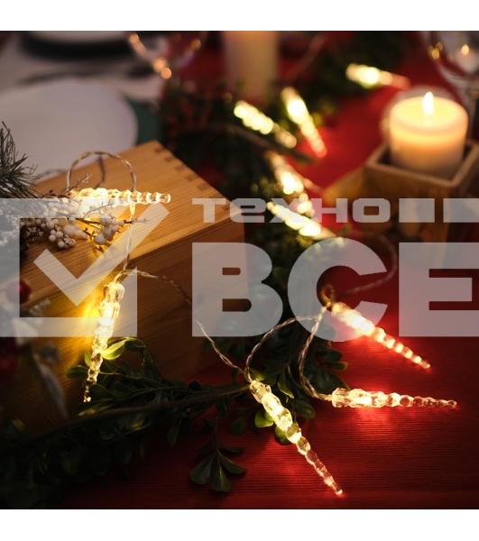 Гирлянда светодиодная «Сосульки» 1.5 м, 10 LED, прозрачный ПВХ, цвет свечения теплый белый, 2 х АА (батарейки не в комплекте) NEON-NIGHT