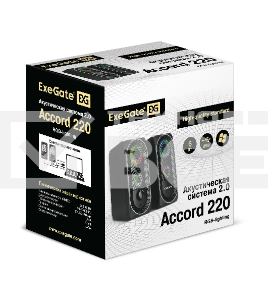 Акустическая система 2.0 ExeGate EX289686RUS Accord 220 (питание USB, 2х3Вт (6Вт RMS), 60-20000Гц, цвет черный, RGB подсветка)
