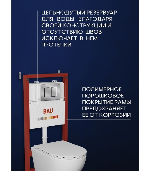 Комплект BAU 6 в 1: инсталляция BAU PRO для подвесного унитаза, унитаз подвесной безободковый торнадо обратного потока Bau Dream 52х36 Hurricane-5, сиденье быстросъемное микролифт, кнопка смыва BAU Stil антивандальная , нержавеющая сталь сатин