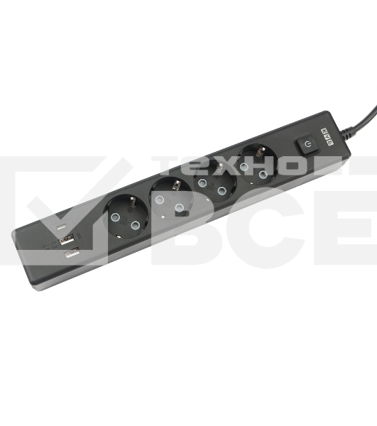 Бытовой удлинитель PowerCube, 4р с/з вык.,3USB, 3500 Вт, 16А, 1.9 м, 3*1,0 (черный) PC-7B-2M