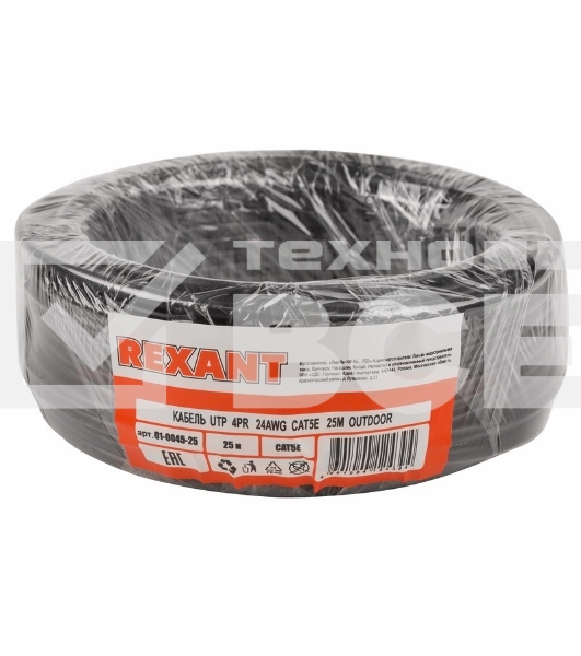 Кабель UTP Rexant 4PR 24AWG, CU (медь), CAT5e, 100 МГц, PE, черный, OUTDOOR, бухта 25 м