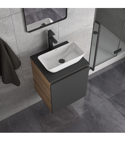 Тумба Bau Dream Blackwood 50 графит, раковина BAU Spectrum mini 47х24 смеситель для раковины высокий Hotel Black, черный, выпуск клик клак, черный