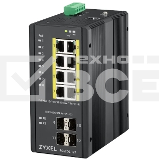 Коммутатор ZYXEL RGS200-12P, 12 Port managed PoE Switch, 240 Watt PoE, DIN Rail, IP30, 12-58V DC