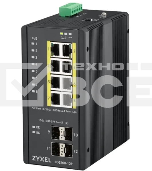 Коммутатор ZYXEL RGS200-12P, 12 Port managed PoE Switch, 240 Watt PoE, DIN Rail, IP30, 12-58V DC