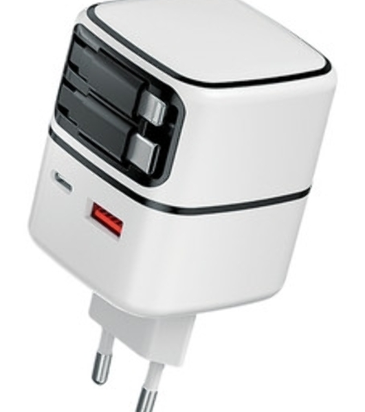 Сетевое зарядное устройство Qumo Energy PD 35Вт (Charger 0093), USB-A QC4+USB-C PD+(USB-C PD+USB 8Pin встр,кабель), белая