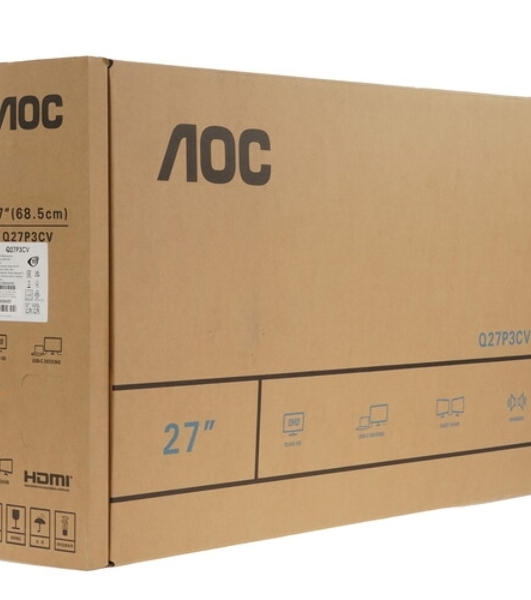 Монитор 27' AOC Q27P3CV IPS 2560x1440, 75 Гц, 4 мс, 16:9, 350 кд/м², 2xHDMI 1.4, DisplayPort 1.2, USB-концентратор (4x USB 3.0), 2.5 Gigabit Ethernet, встроенные динамики, черный