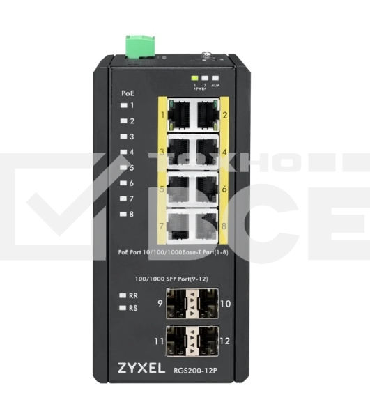 Коммутатор ZYXEL RGS200-12P, 12 Port managed PoE Switch, 240 Watt PoE, DIN Rail, IP30, 12-58V DC