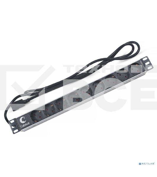 Блок силовых розеток Cabeus, Shuko х 9, вход IEC 320 C14, для шкафов, шнур 2 м, 50х490х50 мм (ВхШхГ), 10А, черный