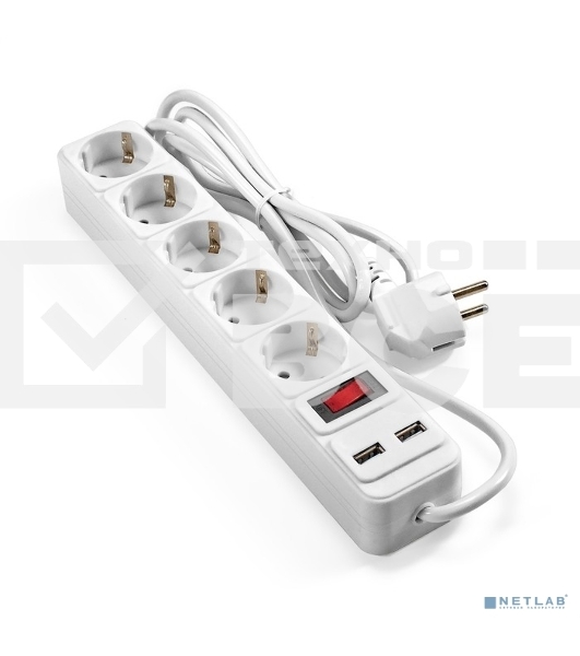 Сетевой фильтр-удлинитель с USB зарядкой ExeGate SP-5-USB-1.8W (5 евророзеток с заземлением, 2 USB-A 2A, 1.8 м, защита от перегрузки, выключатель с подсветкой, белый)