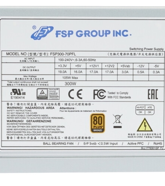 Блок питания серверный FSP FSP300-70PFL(SK) 300W, PS2 (ШВГ=150x86x140мм), 80PLUS Bronze, A-PFC, 8см FAN, IPC/Server PSU, Стандарт IEC 62368, OEM 10 (521706)