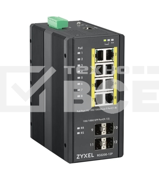 Коммутатор ZYXEL RGS200-12P, 12 Port managed PoE Switch, 240 Watt PoE, DIN Rail, IP30, 12-58V DC