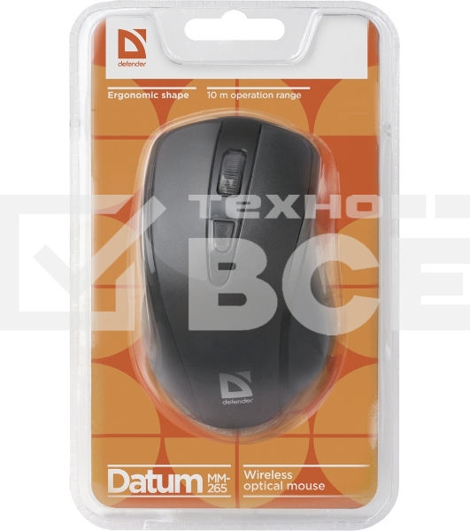 Мышь беспроводная Defender Datum MM-265 черный, 1600 dpi, радиоканал, USB, кнопки - 4