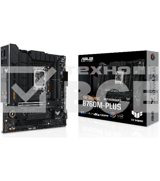 Материнская плата ASUS TUF GAMING B760M-PLUS, LGA 1700, Intel B760, 4xDDR5, 4xSATA, 2xM.2, 1xPCIe 5.0 x16, 1xPCIe 4.0 x4, 1xPCIe x1, 2xUSB-A 3.2 Gen 2, 3xUSB-A 3.2 Gen 1, 2xUSB 2.0, 1xUSB-C 3.2 Gen 2x2, 1x2.5Gb LAN, 5x3.5 мм, 7.1, mATX