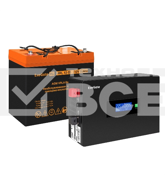 Комплект ИБП EX295993RUS + батарея 55Aч EX285652RUS 1шт (инвертор, синус, для котла, PF=1, настенный) ExeGate IdealSine SR-1000.LCD.2SH  <1000VA/1000W, чистая синусоида, цветной LCD-дисплей, 2*Schuko, крепление настенное, Black> + батарея ExeGate HRL 12-5