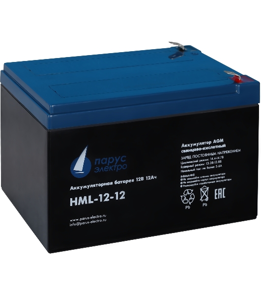 Battery Parus Electro, professional series HML-12-12, voltage 12V, capacity 12Ah (discharge 20 hours), max. discharge current (5sec) 180A, max. charge current 4.8A, lead-acid type AGM, terminals F2, LxWxH 151x98x95mm., full height with terminals 101mm., weight 4kg., service life 12 years.