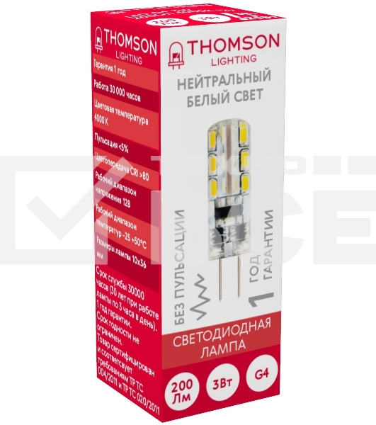 Лампа светодиодная Thomson TH-B4203 3Вт цок.:G4 капсул. 12B 4000K св.свеч.бел.нейт. (упак.:1шт)
