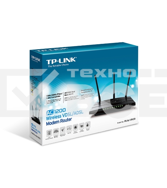 Беспроводный двухдиапазонный TP-Link маршрутизатор с VDSL/ADSL модемом SOHO Archer VR400, 867 Мбит/с + 300 Мбит/с, VDSL2/ADSL2+, Annex A, 4 порта 100 Мбит/с, 1 порт WAN 1000 Мбит/с, 1 порт USB 2.0