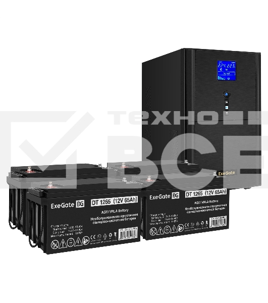 Комплект ИБП EX295991RUS + батарея 65Aч EX282980RUS 4шт (инвертор, синус, для котла) ExeGate SineTower SZ-5000.LCD.AVR.2SH.1C13.T.RJ.USB <5000VA/4000W, чистый синусоида, LCD дисплей, AVR, 2*Schuko+1*C13+клеммы, RJ45/11, USB, линейно-интерактивный, Black> 