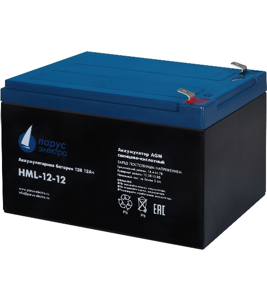 Battery Parus Electro, professional series HML-12-12, voltage 12V, capacity 12Ah (discharge 20 hours), max. discharge current (5sec) 180A, max. charge current 4.8A, lead-acid type AGM, terminals F2, LxWxH 151x98x95mm., full height with terminals 101mm., weight 4kg., service life 12 years.