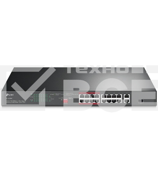 Коммутатор TP-Link 16-port 10/100Mbps + 2-port Gigabit unmanaged switch with 16 PoE+ ports, compliant with 802.3af/at PoE, 150W PoE budget,  support 250m Extend Mode, priority mode and Isolation mode, rackmount, plug and play.
