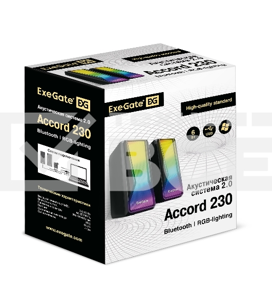 Акустическая система 2.0 ExeGate EX289687RUS Accord 230 (питание USB,Bluetooth, 2х3Вт (6Вт RMS), 60-20000Гц, цвет черный, RGB подсветка)