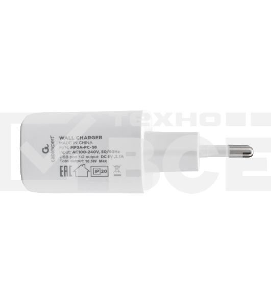 Зарядное устройство Cablexpert MP3A-PC-58, 10.5Вт, 2.1А, 2хUSB, белый, пакет