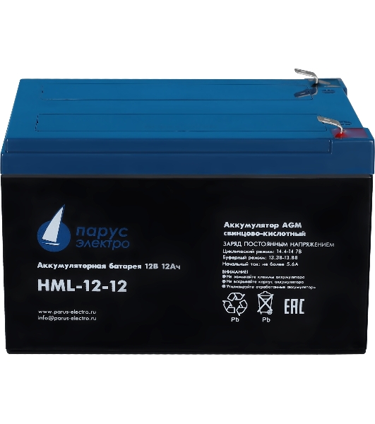 Battery Parus Electro, professional series HML-12-12, voltage 12V, capacity 12Ah (discharge 20 hours), max. discharge current (5sec) 180A, max. charge current 4.8A, lead-acid type AGM, terminals F2, LxWxH 151x98x95mm., full height with terminals 101mm., weight 4kg., service life 12 years.