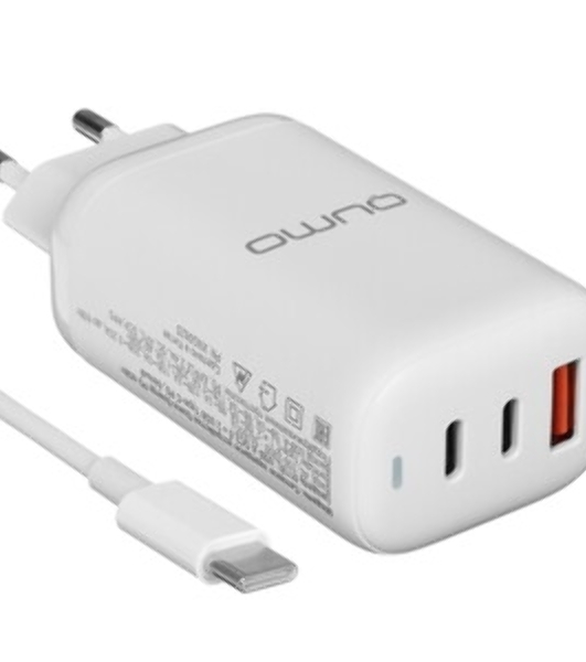 Сетевое зарядное устройство Qumo Energy PD 65Вт (модель 0118), USB-A QC3.0 + 2 USB Type-C PD,+ кабель 1м, Type-C, белый
