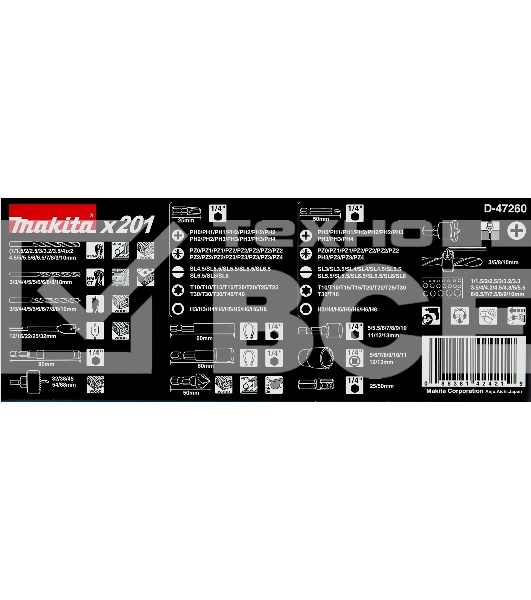 Набор инструментов MAKITA D-47260  201шт держ маг отв.насадки сверла д\дер мет бет перьевые ключи   