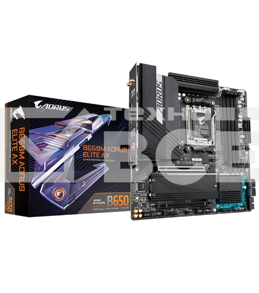 Материнская плата Gigabyte B650M AORUS ELITE AX, AM5, AMD B650, 4xDDR5, 4xSATA, 2xM.2, 1xPCI-E 5.0 x4, 1xPCI-E 4.0 x16, 1xHDMI, 1xDP, 1x 2.5Gb LAN, 4xUSB-A 2.0, 5xUSB-A 3.2 Gen 1, 2xUSB-A 3.2 Gen 2, 1xUSB-C 3.2 Gen 2, 2x3.5 мм, 7.1, Micro-ATX