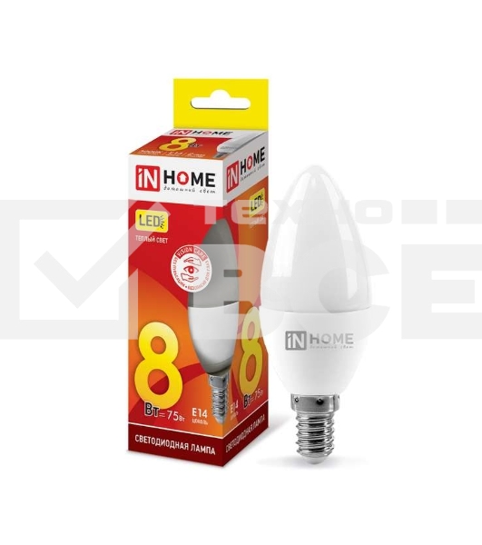 Лампа светодиодная LED-СВЕЧА-VC 8Вт 230В E14 3000К 720лм IN HOME 4690612020426