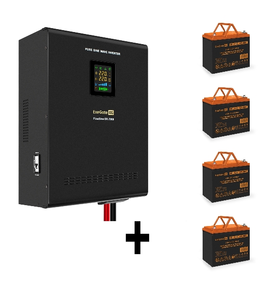 Комплект источника бесперебойного питания Exegate EX296005RUS + батарея 80Aч EX285654RUS 4шт (инвертор, синус, для котла, настенный) ExeGate FineSine SX-7000.LCD.AVR.2SH.T <7000VA/5000W, чистая синусоида, цветной LCD-дисплей, AVR, 2*Schuko+клеммы, линейно-интерактивный, крепление настенное, Black> + батарея ExeGate HRL 12-80 (12В, 80Ач) 4шт
