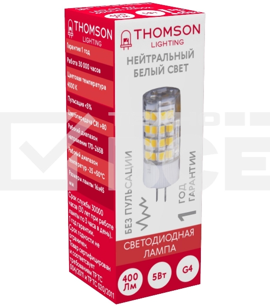 Лампа светодиодная Thomson TH-B4206 5Вт цок.:G4 капсул. 220B 4000K св.свеч.бел.нейт. (упак.:1шт)