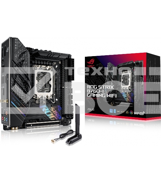 Материнская плата ASUS ROG STRIX B760-I GAMING WIFI, LGA 1700, Intel B760, 2xDDR5, 4xSATA, 2xM.2, 1xPCIe 5.0 x16, 1xHDMI, 1xDP, 1x 2.5Gb LAN, 3xUSB-A 2.0, 3xUSB-A 3.2 Gen 1, 1xUSB-C 3.2 Gen 1, 1xUSB-C 3.2 Gen 2x2, 5x3.5 мм, 7.1, Mini-ITX