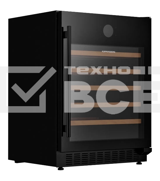 Винный шкаф KUPPERSBERG RBW 85, встраиваемый, High-Tech, объем 135 л, вместимость 54 бутылки, диапазон температуры 5-20 градусов, механическое открытие двери, 5 полок из бука, LCD дисплей, уровень шума 40 дБ, черный