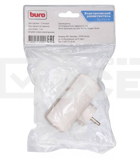 Сетевой разветвитель Buro BU-PS2-W (2 розетки) белый (пакет ПЭ)