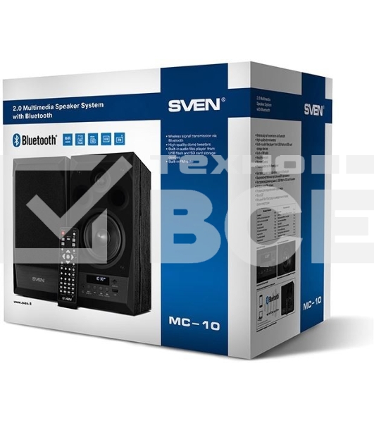 Акустическая система 2.0 SVEN MC-10, чёрный, мощность 2x25Вт (RMS), FM-тюнер, USB/microSD, дисплей, пульт ДУ, Bluetooth SVEN MC-10, чёрный, акустическая система 2.0, мощность 2x25Вт (RMS), FM-тюнер, USB/microSD, дисплей, пульт ДУ, Bluetooth