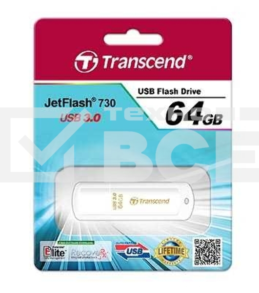 Флешка USB Transcend JetFlash 730 (TS64GJF730), 64Gb, USB 3.0, R/W 80/25, белый