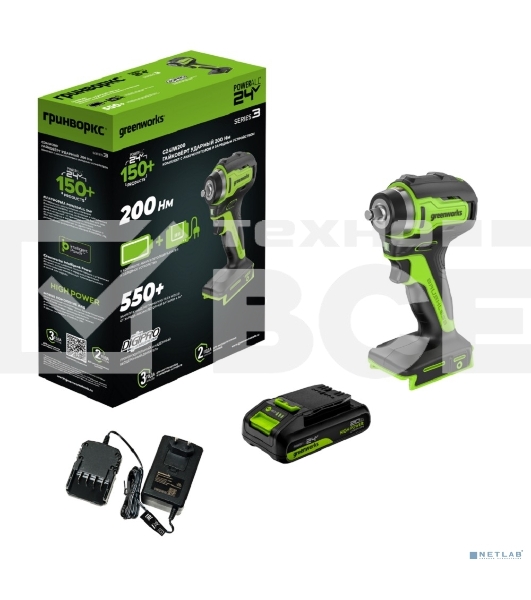 Гайковерт ударный аккумуляторный Greenworks G24IW200 24V, 200 Нм, бесщеточный, 3/8'', 1х2Ач,ЗУ,кор 3803607CUA