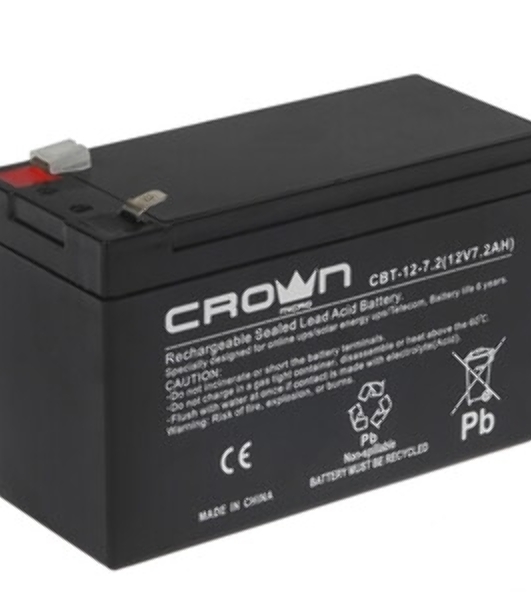 Батарея для ИБП CROWN CBT-12-7.2 (напряжение 12В, емкость 7.2 А/Ч, разм 151х65х100 мм, вес 2,1 кг, тип клеммы - F2, 5 лет)