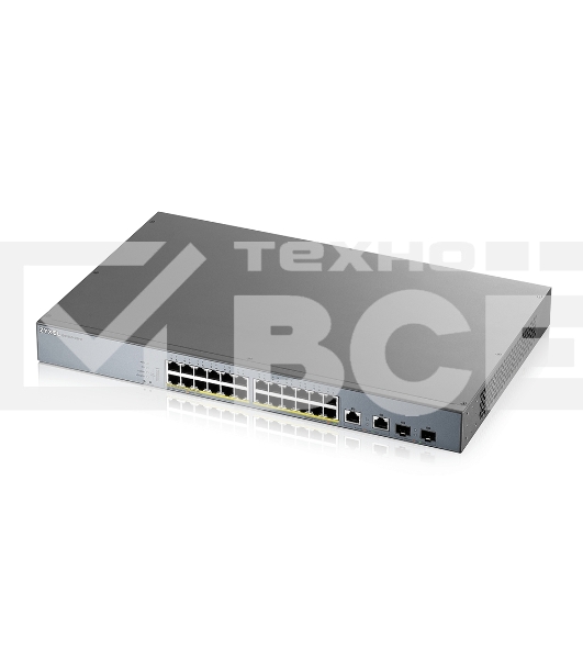 Коммутатор Zyxel GS1350-26HP, 24xGE PoE+, 2xCombo (SFP/RJ-45), бюджет PoE 375 Вт, дальность передачи питания до 250 м, автоперезагрузка PoE-портов, повышенная защита от перенапряжений и электростатических разряд