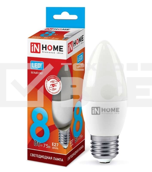 Лампа светодиодная LED-СВЕЧА-VC 8Вт 230В E27 4000К 720лм IN HOME 4690612020457