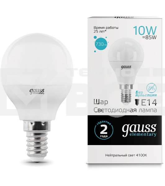 Лампа светодиодная Gauss Elementary 10Вт цок.:E14 шар 220B 4100K св.свеч.бел.нейт. (упак.:10шт) (53120)