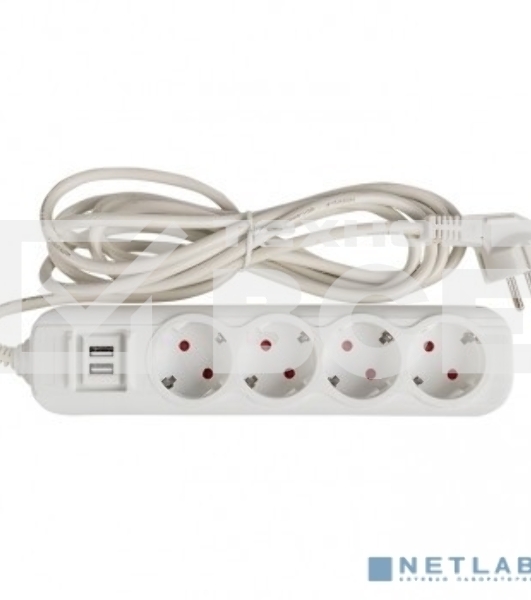 Удлинитель EKF UBA16-2USB-4-03i 'Эксперт' 4 гнезда 3 метра 16А/3,5 кВт с 2 USB 2,1А ПВС 3х1