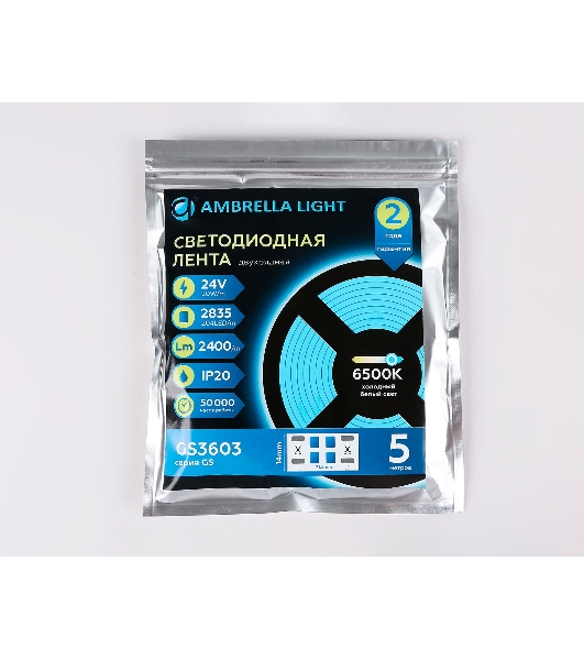 Светодиодная лента Ambrella light GS3603 2835 204Led/ 20W m/ 24V IP20 6500K/ 5000*14*1.2mm (2 конт.)