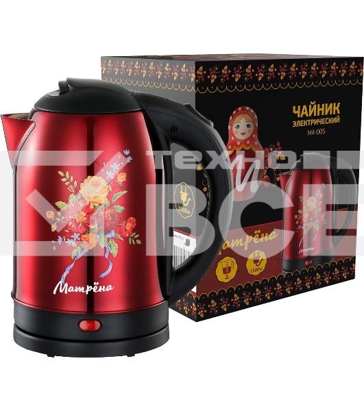 Чайник Матрена MA-005 электрический (2,0 л) стальной красный хохлома