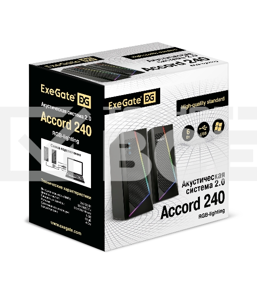 Акустическая система 2.0 ExeGate EX289688RUS Accord 240 (питание USB, 2х3Вт (6Вт RMS), 60-20000Гц, цвет черный, RGB подсветка)